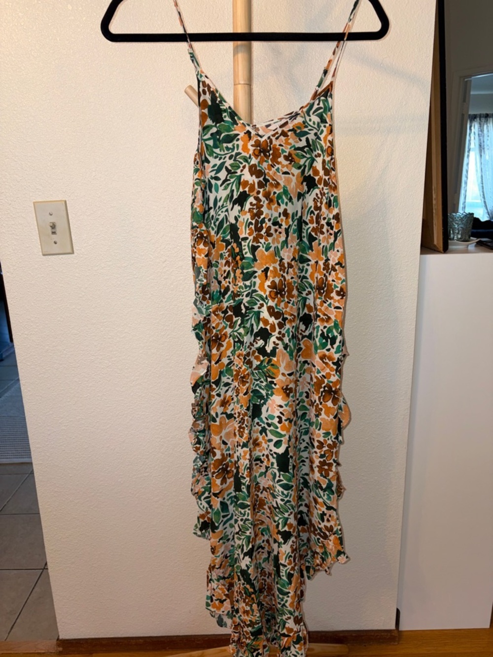 Joie Silk Spaghetti Strap Ruffled Sides Maxi Dress in Green Floral